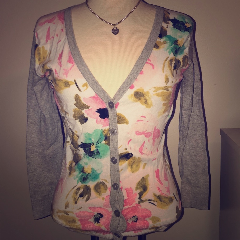 Gray and floral v neck cardigan sweater